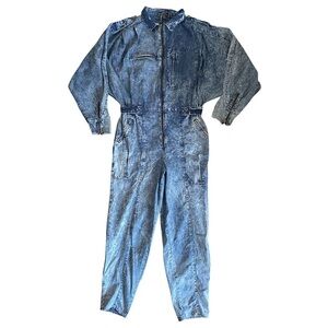 Vintage Beret Boiler Suit Jumpsuit Denim Acid Wash Zip Batwing Dolman 80s Jean